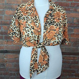 VTG Womens Animal Print Leopard Floral Ivory Tan Black Blouse Sheer Size 18W